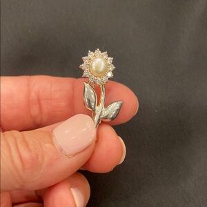 Vintage Silver and White Flower Brooch with Pearl Center